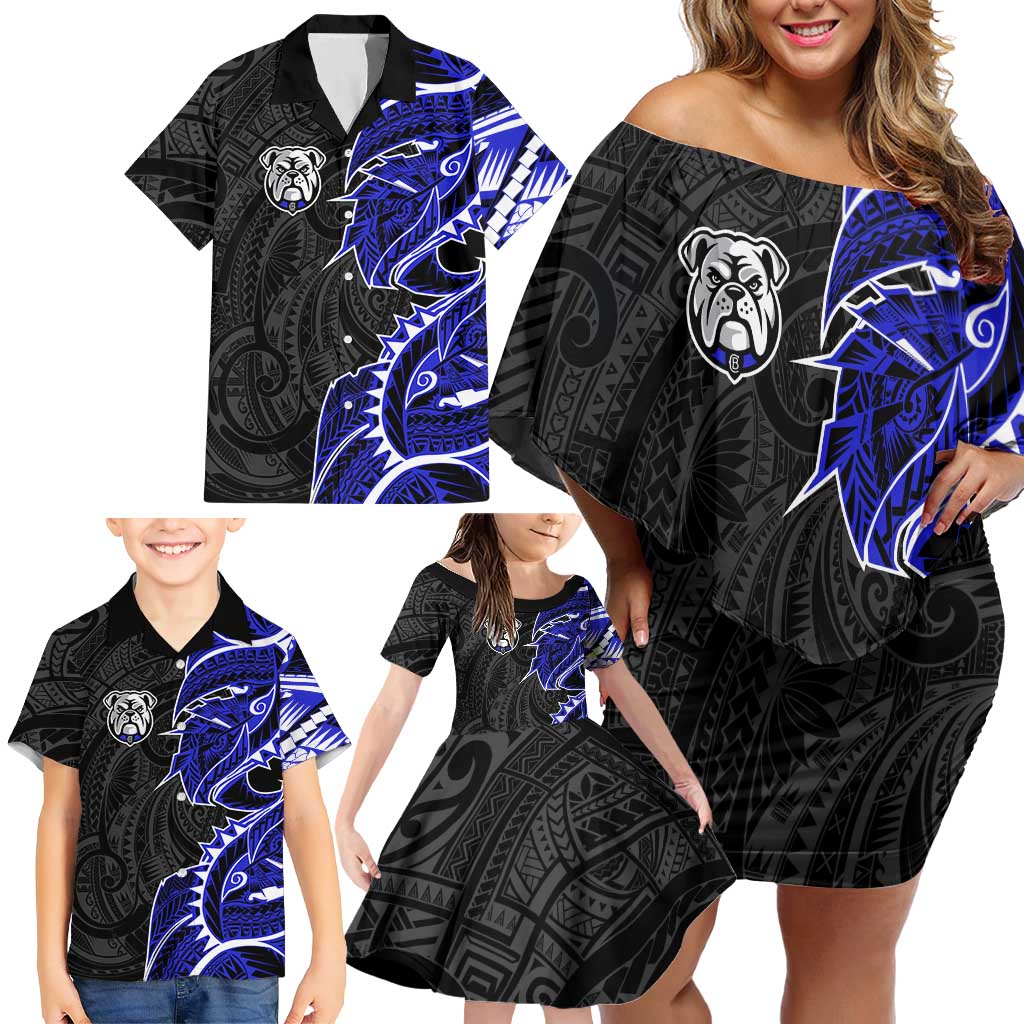 Canterbury Bankstown Bulldogs Family Matching Off Shoulder Short Dress and Hawaiian Shirt Polynesian Tribal Tattoo Pacific Sport Art