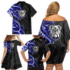 Canterbury Bankstown Bulldogs Family Matching Off Shoulder Short Dress and Hawaiian Shirt Polynesian Tribal Tattoo Pacific Sport Art