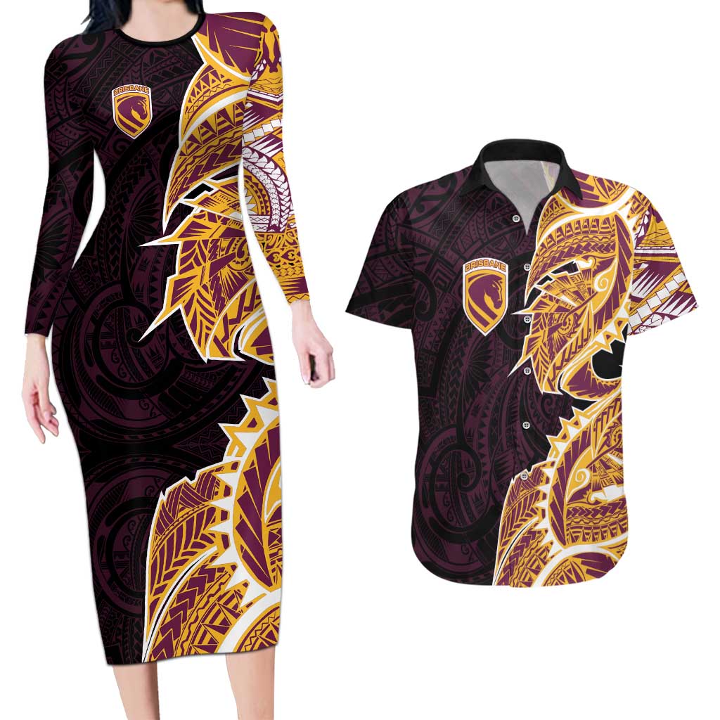 Brisbane Broncos Couples Matching Long Sleeve Bodycon Dress and Hawaiian Shirt Polynesian Tribal Tattoo Pacific Sport Art