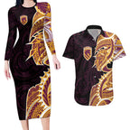 Brisbane Broncos Couples Matching Long Sleeve Bodycon Dress and Hawaiian Shirt Polynesian Tribal Tattoo Pacific Sport Art