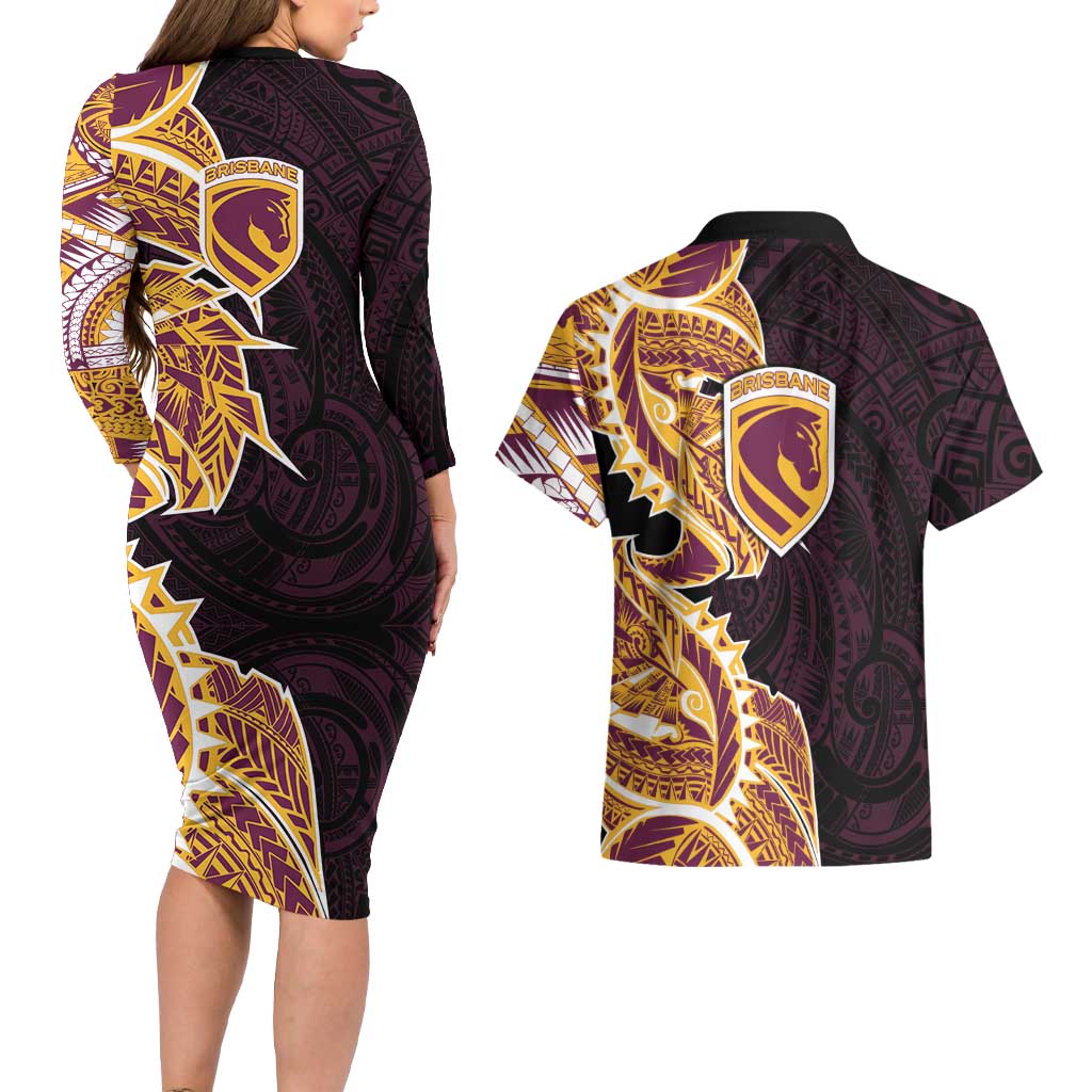 Brisbane Broncos Couples Matching Long Sleeve Bodycon Dress and Hawaiian Shirt Polynesian Tribal Tattoo Pacific Sport Art
