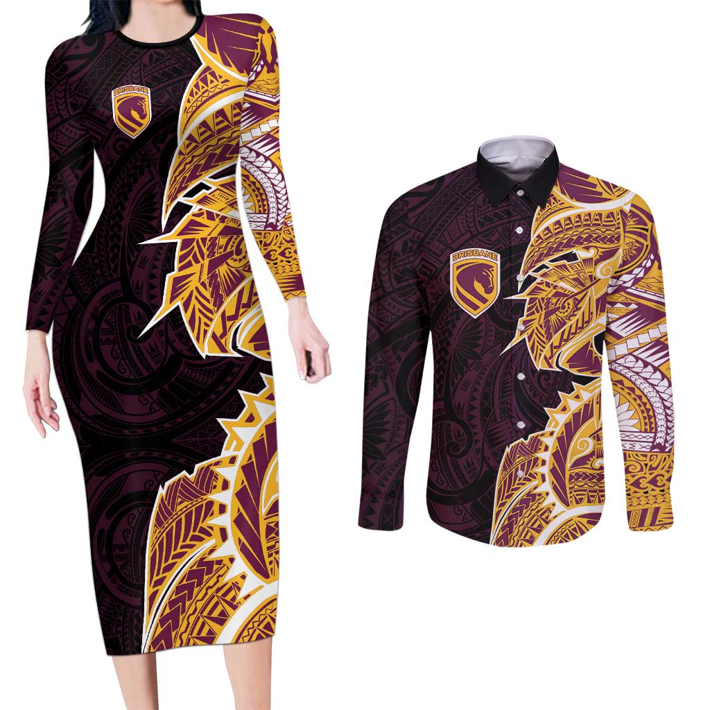Brisbane Broncos Couples Matching Long Sleeve Bodycon Dress and Long Sleeve Button Shirt Polynesian Tribal Tattoo Pacific Sport Art