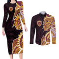 Brisbane Broncos Couples Matching Long Sleeve Bodycon Dress and Long Sleeve Button Shirt Polynesian Tribal Tattoo Pacific Sport Art