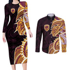 Brisbane Broncos Couples Matching Long Sleeve Bodycon Dress and Long Sleeve Button Shirt Polynesian Tribal Tattoo Pacific Sport Art
