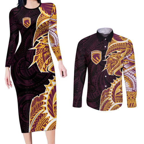 Brisbane Broncos Couples Matching Long Sleeve Bodycon Dress and Long Sleeve Button Shirt Polynesian Tribal Tattoo Pacific Sport Art