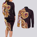 Brisbane Broncos Couples Matching Long Sleeve Bodycon Dress and Long Sleeve Button Shirt Polynesian Tribal Tattoo Pacific Sport Art