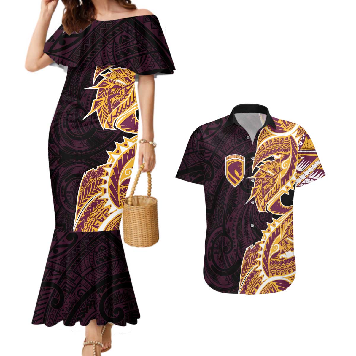 Brisbane Broncos Couples Matching Mermaid Dress and Hawaiian Shirt Polynesian Tribal Tattoo Pacific Sport Art