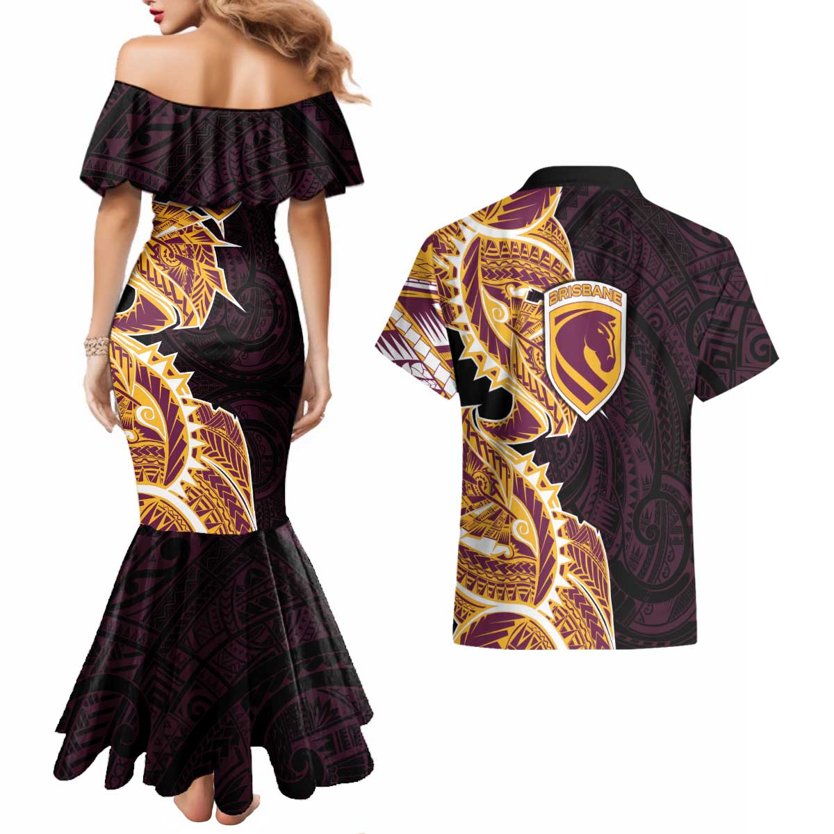 Brisbane Broncos Couples Matching Mermaid Dress and Hawaiian Shirt Polynesian Tribal Tattoo Pacific Sport Art