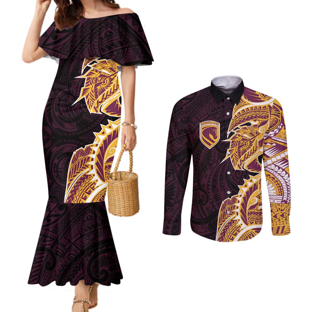 Brisbane Broncos Couples Matching Mermaid Dress and Long Sleeve Button Shirt Polynesian Tribal Tattoo Pacific Sport Art