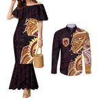 Brisbane Broncos Couples Matching Mermaid Dress and Long Sleeve Button Shirt Polynesian Tribal Tattoo Pacific Sport Art