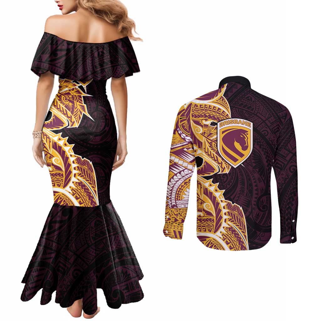 Brisbane Broncos Couples Matching Mermaid Dress and Long Sleeve Button Shirt Polynesian Tribal Tattoo Pacific Sport Art