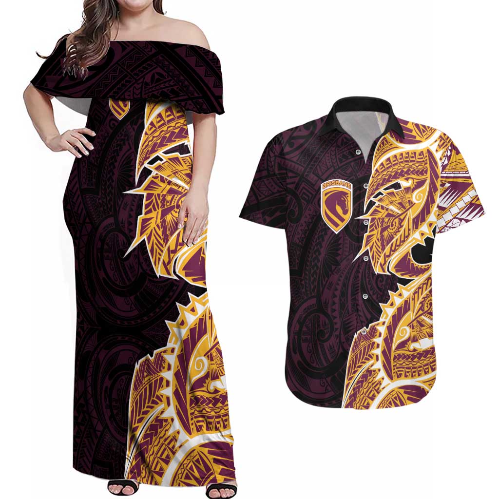 Brisbane Broncos Couples Matching Off Shoulder Maxi Dress and Hawaiian Shirt Polynesian Tribal Tattoo Pacific Sport Art