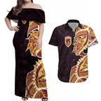 Brisbane Broncos Couples Matching Off Shoulder Maxi Dress and Hawaiian Shirt Polynesian Tribal Tattoo Pacific Sport Art