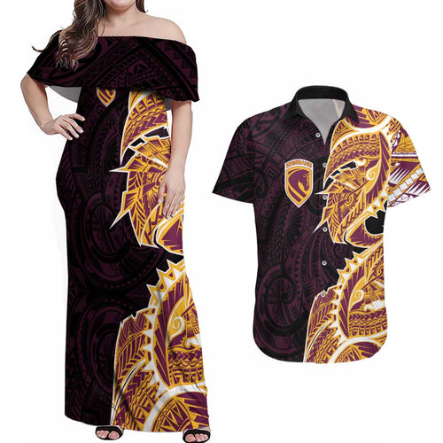 Brisbane Broncos Couples Matching Off Shoulder Maxi Dress and Hawaiian Shirt Polynesian Tribal Tattoo Pacific Sport Art
