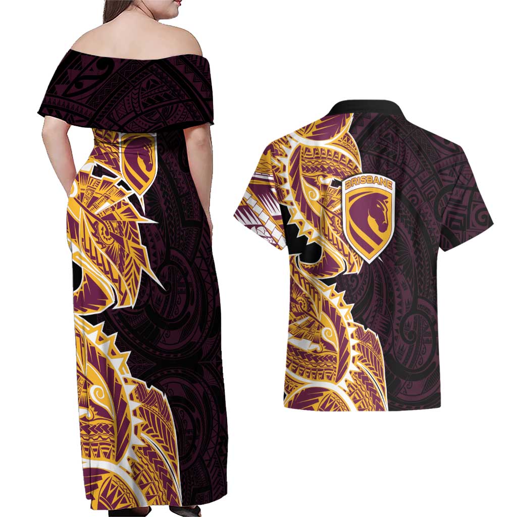 Brisbane Broncos Couples Matching Off Shoulder Maxi Dress and Hawaiian Shirt Polynesian Tribal Tattoo Pacific Sport Art