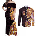 Brisbane Broncos Couples Matching Off Shoulder Maxi Dress and Long Sleeve Button Shirt Polynesian Tribal Tattoo Pacific Sport Art