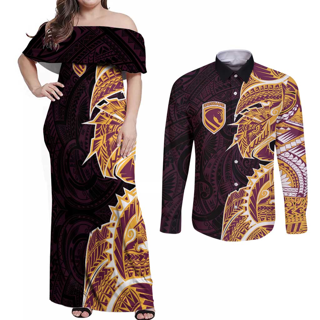 Brisbane Broncos Couples Matching Off Shoulder Maxi Dress and Long Sleeve Button Shirt Polynesian Tribal Tattoo Pacific Sport Art