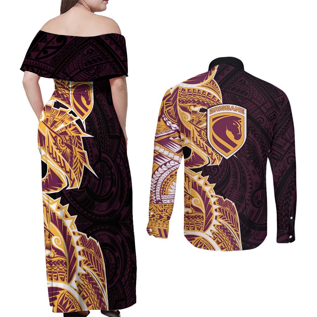Brisbane Broncos Couples Matching Off Shoulder Maxi Dress and Long Sleeve Button Shirt Polynesian Tribal Tattoo Pacific Sport Art