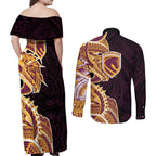 Brisbane Broncos Couples Matching Off Shoulder Maxi Dress and Long Sleeve Button Shirt Polynesian Tribal Tattoo Pacific Sport Art