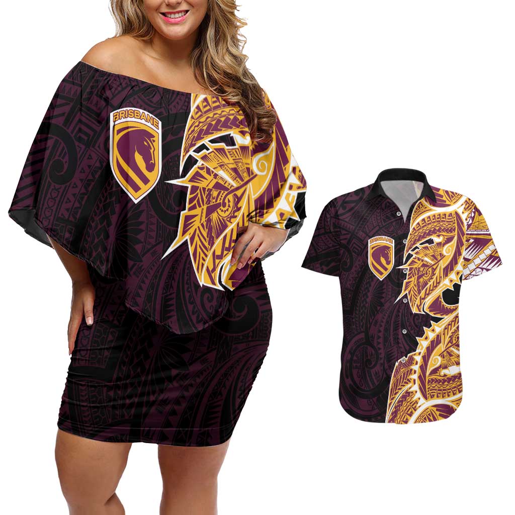 Brisbane Broncos Couples Matching Off Shoulder Short Dress and Hawaiian Shirt Polynesian Tribal Tattoo Pacific Sport Art