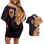 Brisbane Broncos Couples Matching Off Shoulder Short Dress and Hawaiian Shirt Polynesian Tribal Tattoo Pacific Sport Art