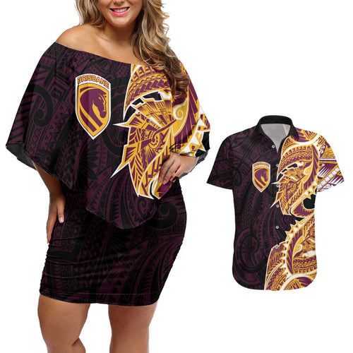 Brisbane Broncos Couples Matching Off Shoulder Short Dress and Hawaiian Shirt Polynesian Tribal Tattoo Pacific Sport Art