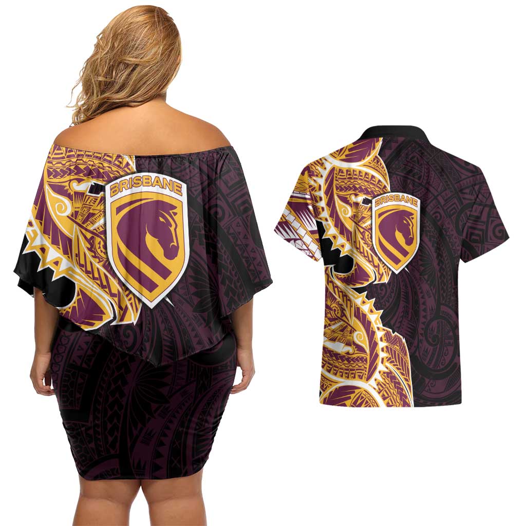 Brisbane Broncos Couples Matching Off Shoulder Short Dress and Hawaiian Shirt Polynesian Tribal Tattoo Pacific Sport Art