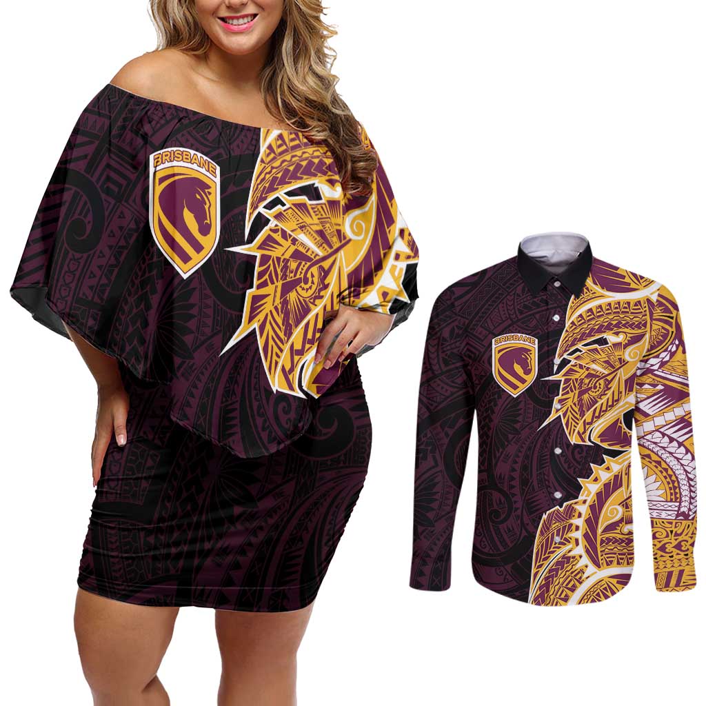 Brisbane Broncos Couples Matching Off Shoulder Short Dress and Long Sleeve Button Shirt Polynesian Tribal Tattoo Pacific Sport Art