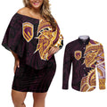 Brisbane Broncos Couples Matching Off Shoulder Short Dress and Long Sleeve Button Shirt Polynesian Tribal Tattoo Pacific Sport Art