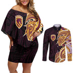 Brisbane Broncos Couples Matching Off Shoulder Short Dress and Long Sleeve Button Shirt Polynesian Tribal Tattoo Pacific Sport Art
