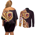 Brisbane Broncos Couples Matching Off Shoulder Short Dress and Long Sleeve Button Shirt Polynesian Tribal Tattoo Pacific Sport Art