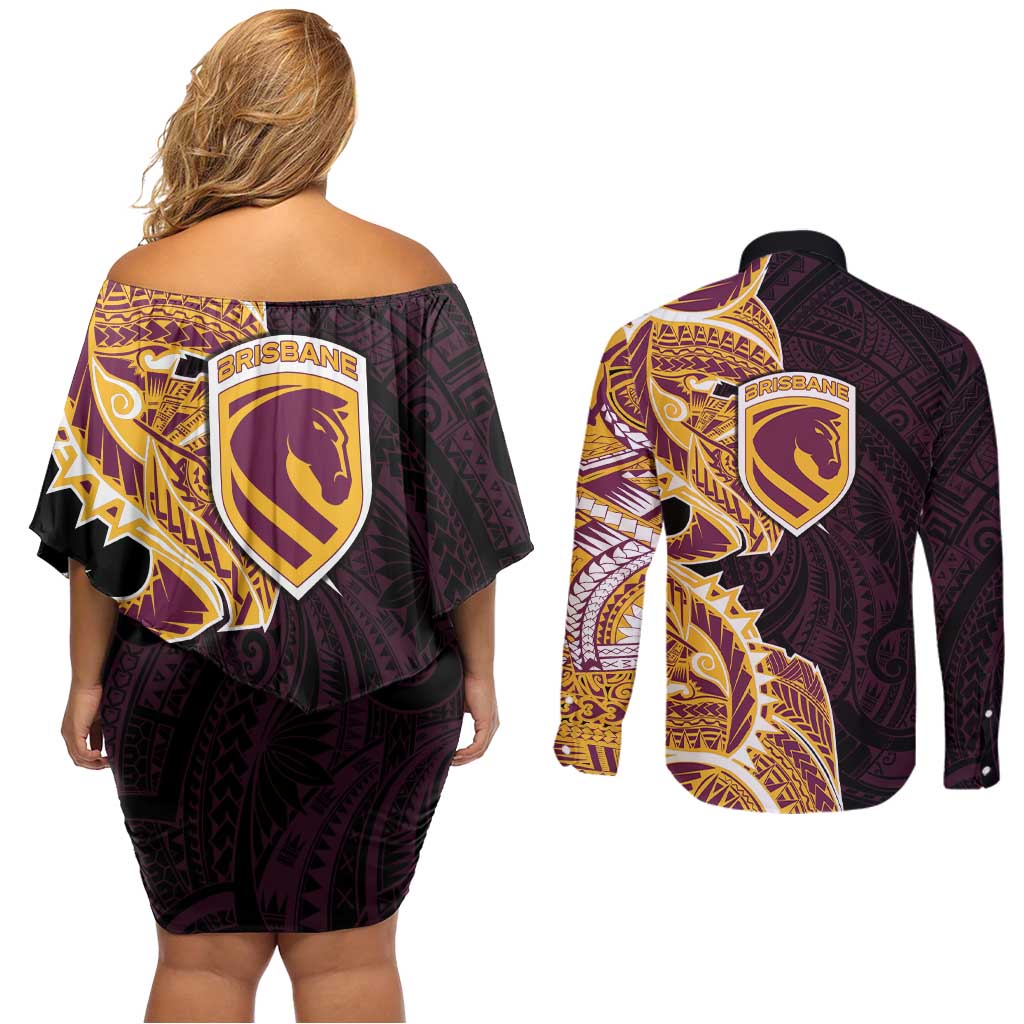 Brisbane Broncos Couples Matching Off Shoulder Short Dress and Long Sleeve Button Shirt Polynesian Tribal Tattoo Pacific Sport Art