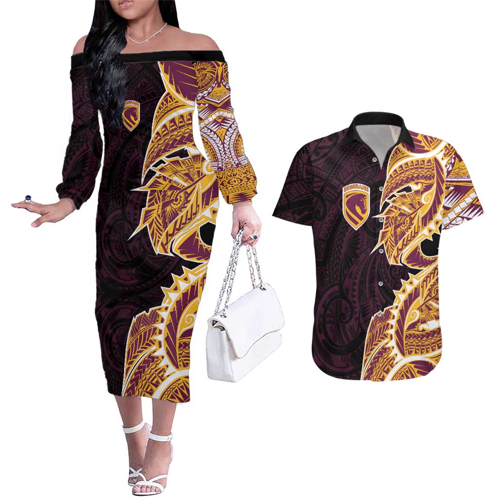 Brisbane Broncos Couples Matching Off The Shoulder Long Sleeve Dress and Hawaiian Shirt Polynesian Tribal Tattoo Pacific Sport Art