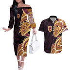 Brisbane Broncos Couples Matching Off The Shoulder Long Sleeve Dress and Hawaiian Shirt Polynesian Tribal Tattoo Pacific Sport Art