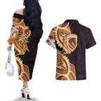 Brisbane Broncos Couples Matching Off The Shoulder Long Sleeve Dress and Hawaiian Shirt Polynesian Tribal Tattoo Pacific Sport Art