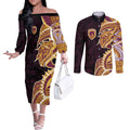 Brisbane Broncos Couples Matching Off The Shoulder Long Sleeve Dress and Long Sleeve Button Shirt Polynesian Tribal Tattoo Pacific Sport Art