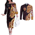 Brisbane Broncos Couples Matching Off The Shoulder Long Sleeve Dress and Long Sleeve Button Shirt Polynesian Tribal Tattoo Pacific Sport Art