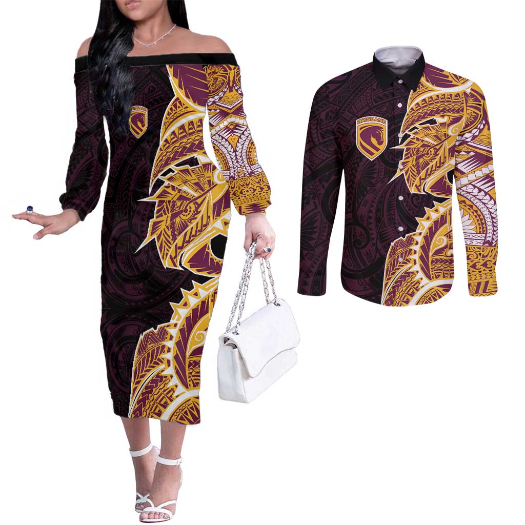 Brisbane Broncos Couples Matching Off The Shoulder Long Sleeve Dress and Long Sleeve Button Shirt Polynesian Tribal Tattoo Pacific Sport Art