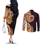 Brisbane Broncos Couples Matching Off The Shoulder Long Sleeve Dress and Long Sleeve Button Shirt Polynesian Tribal Tattoo Pacific Sport Art