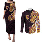 Brisbane Broncos Couples Matching Puletasi and Long Sleeve Button Shirt Polynesian Tribal Tattoo Pacific Sport Art