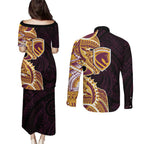 Brisbane Broncos Couples Matching Puletasi and Long Sleeve Button Shirt Polynesian Tribal Tattoo Pacific Sport Art