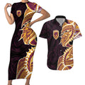 Brisbane Broncos Couples Matching Short Sleeve Bodycon Dress and Hawaiian Shirt Polynesian Tribal Tattoo Pacific Sport Art