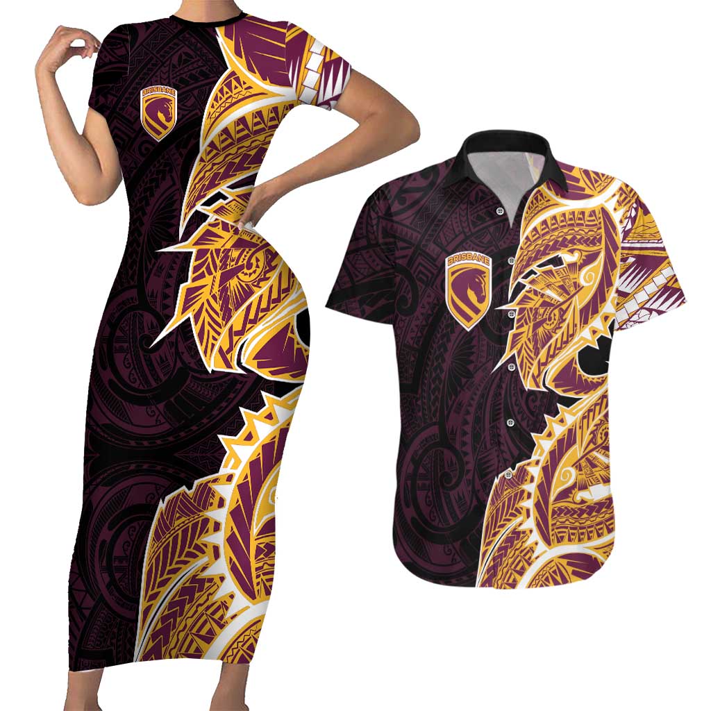 Brisbane Broncos Couples Matching Short Sleeve Bodycon Dress and Hawaiian Shirt Polynesian Tribal Tattoo Pacific Sport Art