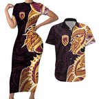 Brisbane Broncos Couples Matching Short Sleeve Bodycon Dress and Hawaiian Shirt Polynesian Tribal Tattoo Pacific Sport Art