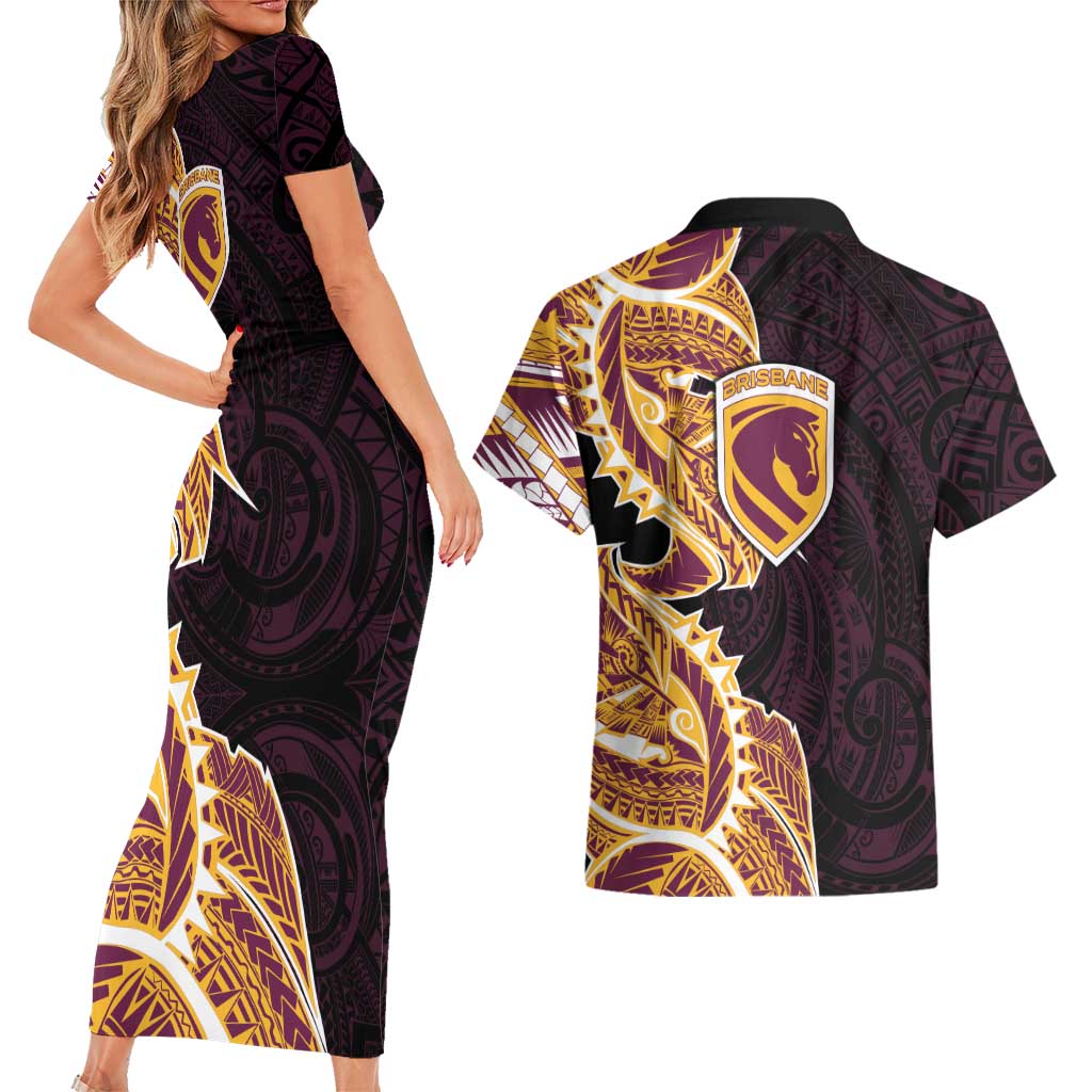 Brisbane Broncos Couples Matching Short Sleeve Bodycon Dress and Hawaiian Shirt Polynesian Tribal Tattoo Pacific Sport Art