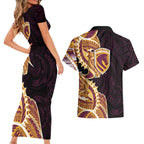 Brisbane Broncos Couples Matching Short Sleeve Bodycon Dress and Hawaiian Shirt Polynesian Tribal Tattoo Pacific Sport Art