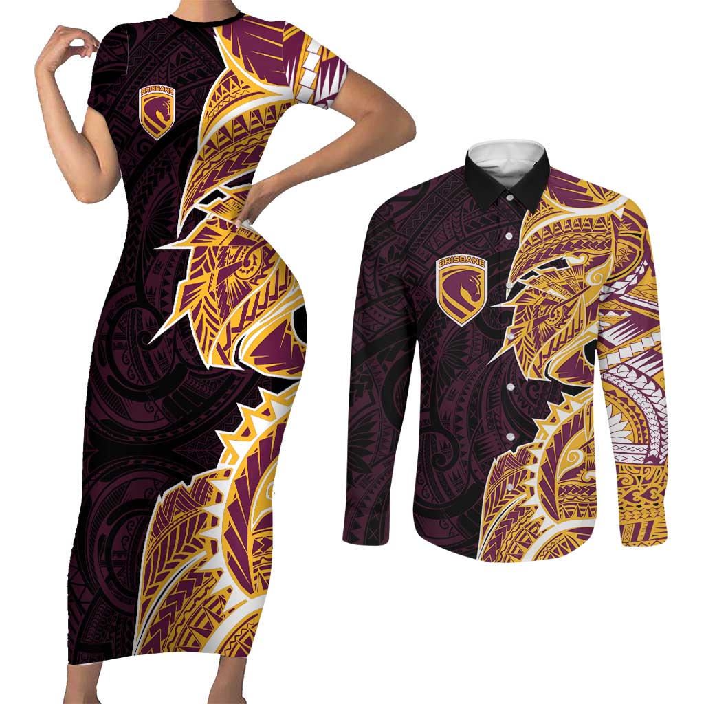 Brisbane Broncos Couples Matching Short Sleeve Bodycon Dress and Long Sleeve Button Shirt Polynesian Tribal Tattoo Pacific Sport Art