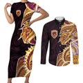 Brisbane Broncos Couples Matching Short Sleeve Bodycon Dress and Long Sleeve Button Shirt Polynesian Tribal Tattoo Pacific Sport Art
