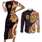 Brisbane Broncos Couples Matching Short Sleeve Bodycon Dress and Long Sleeve Button Shirt Polynesian Tribal Tattoo Pacific Sport Art