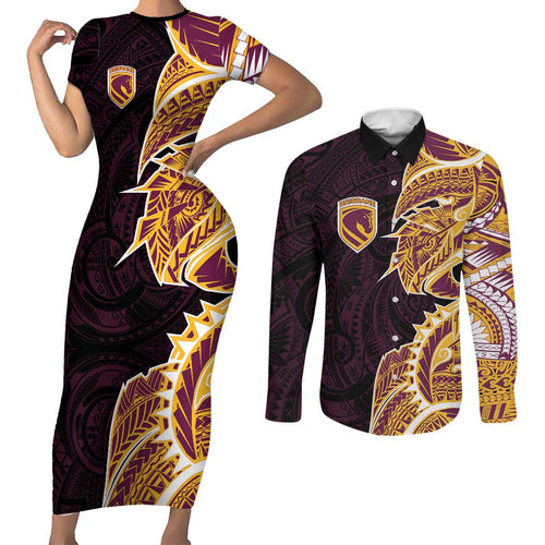 Brisbane Broncos Couples Matching Short Sleeve Bodycon Dress and Long Sleeve Button Shirt Polynesian Tribal Tattoo Pacific Sport Art